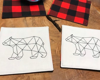 Geometric Polygonal Bear Coasters - Set of Four Embroidered Bears on Light Grey Cotton Fabric and Red and Black Buffalo Plaid Check on Back