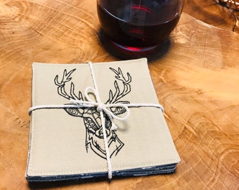 Deer Head with Antlers Coasters - Set of Four Embroidered Deer on Taupe Cotton Fabric Modern Rustic Nature Inspired