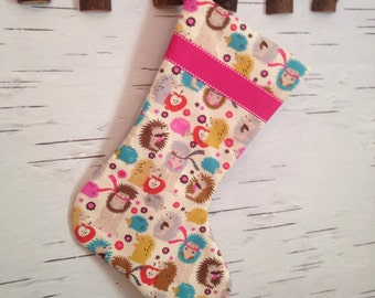 Made to Order - Holiday Hedgehog Christmas Stocking With Hot Pink Ribbon, Can Add Personalization