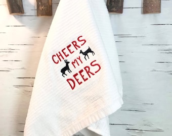 Christmas embroidered large white kitchen towel - Cheers my Deers