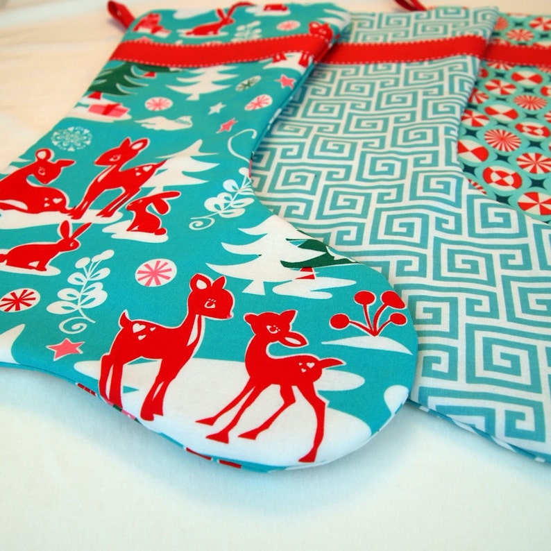 Made to Order Set of Three Modern Christmas Stockings in Teal and Red