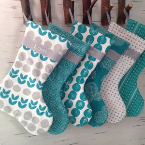 Made to Order Modern Christmas Stocking, Pick one in Jade Teal Green and White with Grey Ribbon image 3