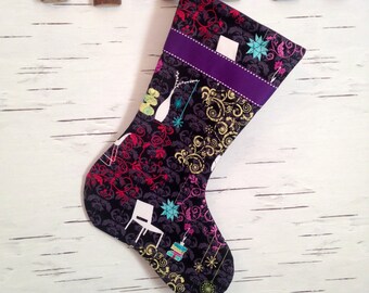 READY TO SHIP - Black Retro Modern Christmas Stocking with Purple Ribbon and Lining