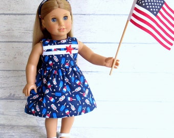 Patriotic Doll Dress with Matching Headband, 18 inch Doll Clothes 4th of July Outfit