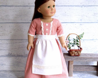 1770s Colonial Work Outfit with Lace Trimmed Apron, 18 inch Doll Clothes for Felicity or Elizabeth