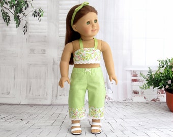 Lace Trimmed Crop Top with Capri Pants and Matching Hair Ribbon, 18 inch Doll Clothes Summer Outfit