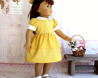1930s Style Yellow Gingham Dress with Hair Bow for 18 inch Doll, LAST ONE