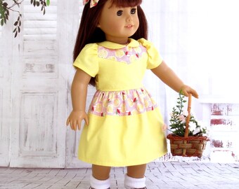 1940s Vintage Era Doll Dress with Matching Hairbow, 18 inch Doll Clothes Molly Summer Dress