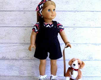 Overall Shorts with 4th of July Shirt and Hair Tie for 18 inch Doll