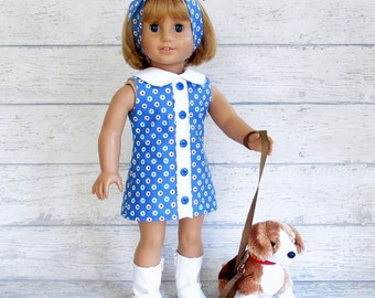 Vintage 1960s Era Blue Dot Shift Dress with Hair Tie, 18 inch Doll Clothes Melody Summer Outfit