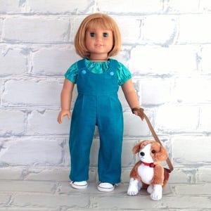 Front view of shirt and overalls set. Fits 18 inch doll.  (Doll & other photo props not included).