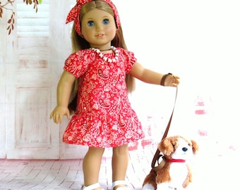1970s Paisley Dress with Hair Tie and Shell Necklace for 18 inch Doll