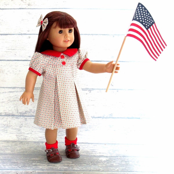 1930s Historical 4th of July Doll Dress with Matching Hair Bow, 18 inch Doll Clothes Kit Ruthie Dress