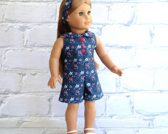 1960S Patriotic Doll Romper with Matching Hair Tie fits 18 inch Doll