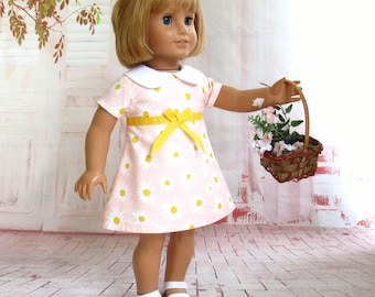 Retro 1960s Summer Daisies Dress with Tiny Hairbow for 18 inch Doll