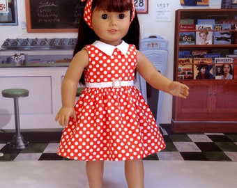 1950s Vintage Style Doll Dress with Matching Hair Bow, 18 inch Doll Clothes Maryellen Outfit