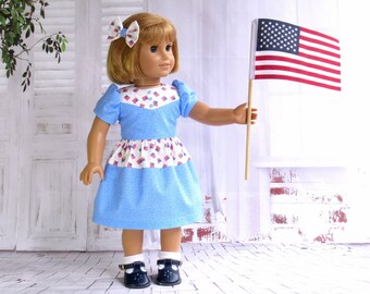 1940s Vintage Era Doll Dress with Matching Hairbow, 18 inch Doll Clothes Molly July 4th Dress