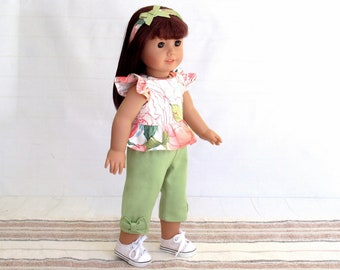 Floral Ruffle Top with Bow Capri Pants and Matching Headband, 18 inch Doll Outfit