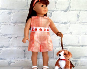 Orange Gingham Romper with Goldfish Ribbon Trim and Headband for 18 inch Doll