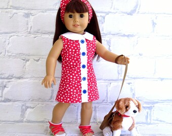 Retro 1960s 4th of July Shift Dress with Hair Tie, 18 inch Doll Clothes