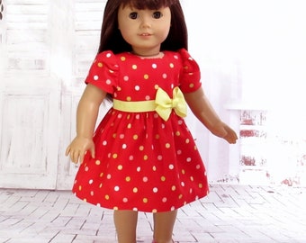 Red Dots Doll Dress with Ribbon Waistband and Bow fits 18 inch Doll