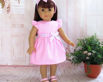 Pink Gingham Spring Summer Dress with Headband for 18 inch Doll