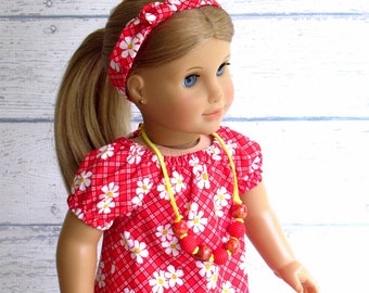1970s Era Plaid and Floral Doll Dress with Necklace and Hair Tie, 18 inch Doll Clothes Julie Summer Outfit
