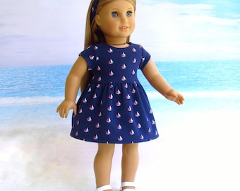 Sailboat Print Jersey Knit Dress with Matching Headband for 18 inch Doll