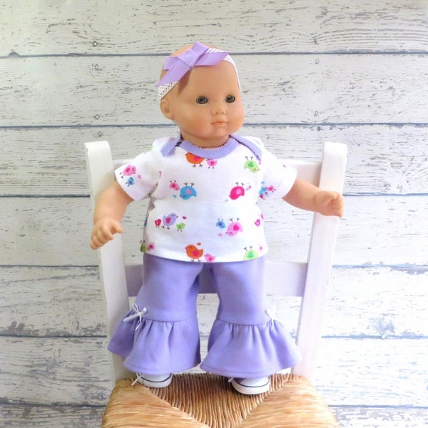 Bitty Baby Clothes Birdie Top, Ruffle Pants, Bow Headband, 15 inch Doll Clothes, fits Bitty Twin too!