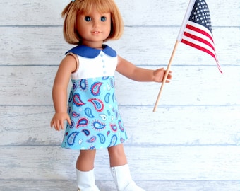 1960s Vintage Era 4th of July Dress and 60s style Hairbow, 18 inch Doll Clothes Patriotic Paisley Melody Outfit