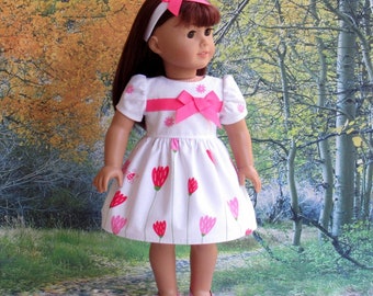 Spring Summer Doll Party Dress with Matching Headband, 18 inch Doll Clothes Floral Dress