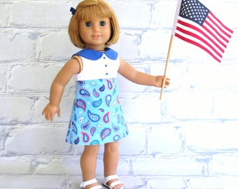 1960s Era Patriotic Paisley Dress and 60s style Hairbow for 18 inch Doll
