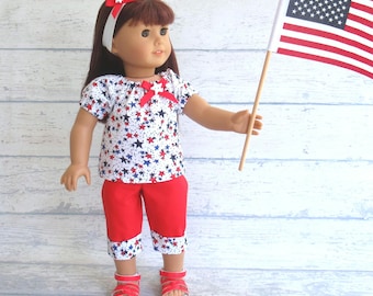 Patriotic Outfit with Star Spangled Top, Capri Pants, Headband for 18 inch Doll