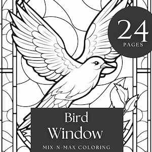 Adult coloring book for relaxation and stress relief, with bird designs - all different stain-glass birds
