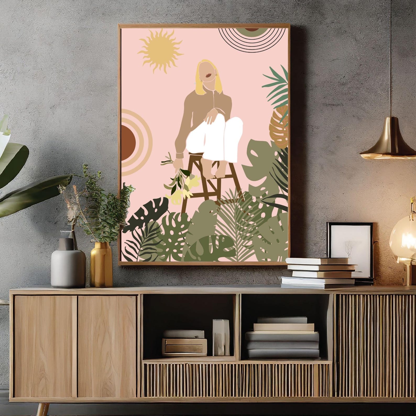 Boho Woman With Floral Wall Art Set Printable Abstract Female Portrait ...