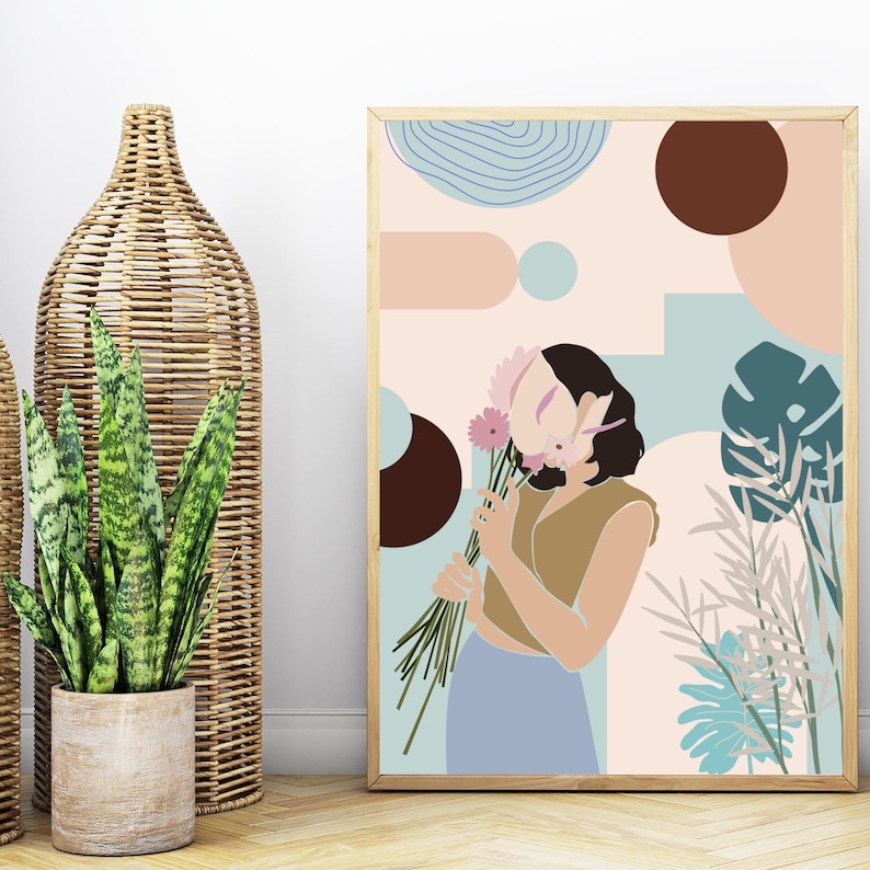Boho Woman With Floral Wall Art Set Printable Abstract Female Portrait ...