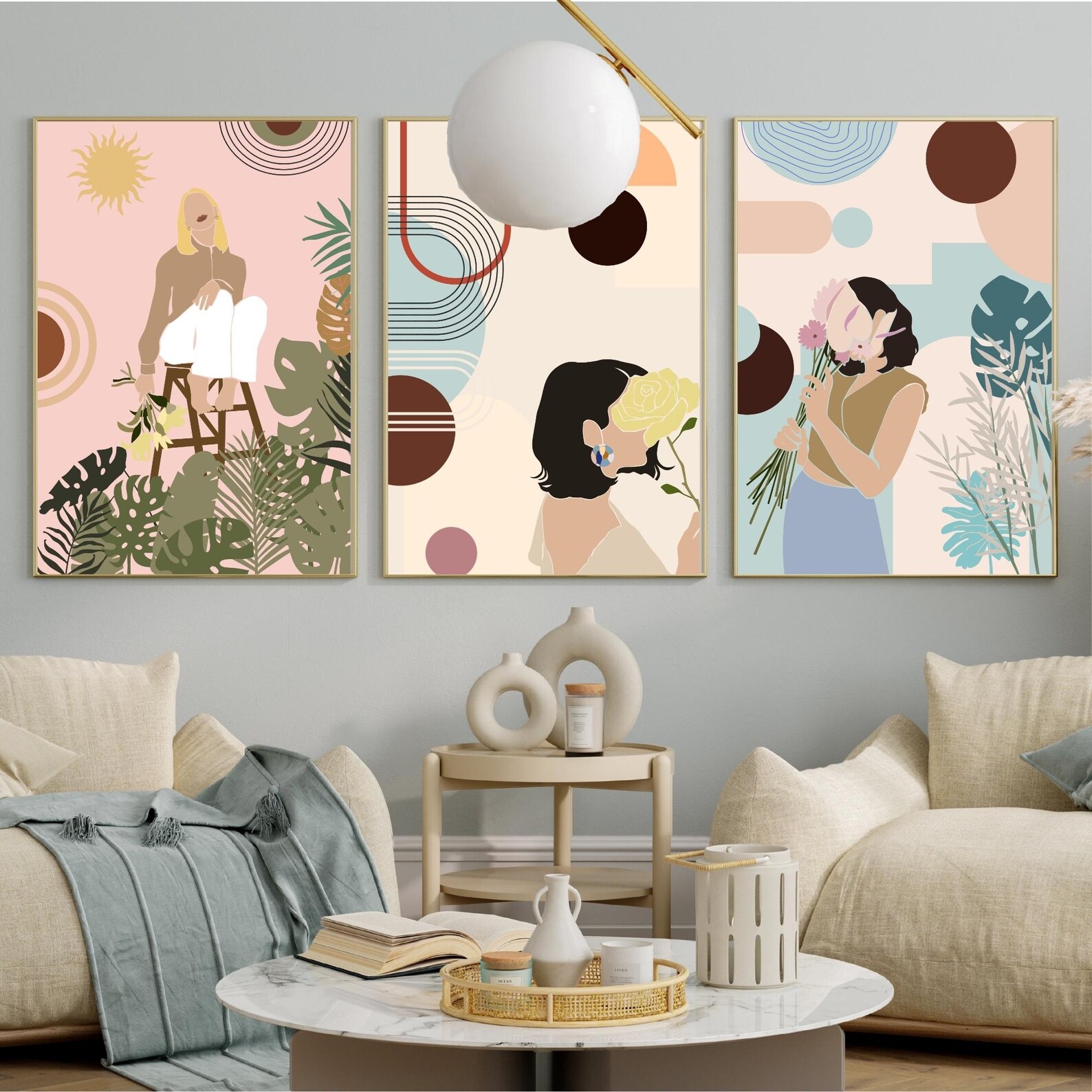 Boho Woman With Floral Wall Art Set Printable Abstract Female Portrait ...