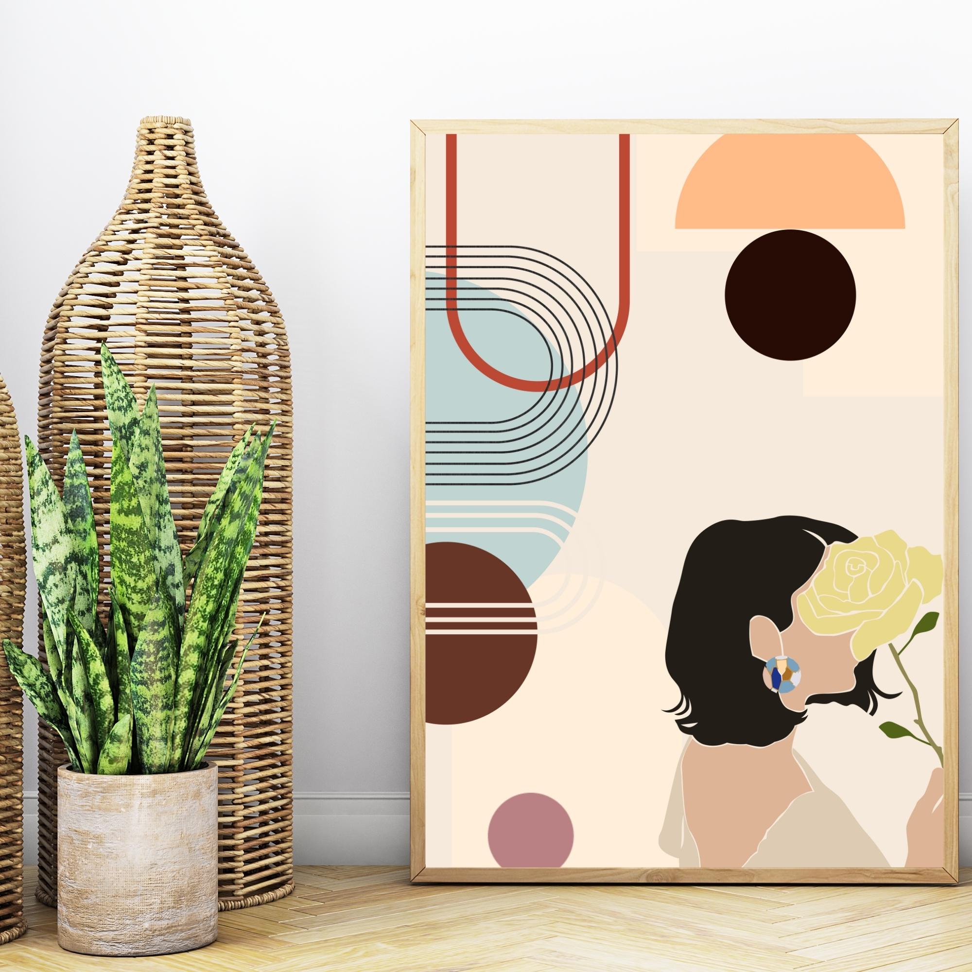 Boho Woman With Floral Wall Art Set Printable Abstract Female Portrait ...