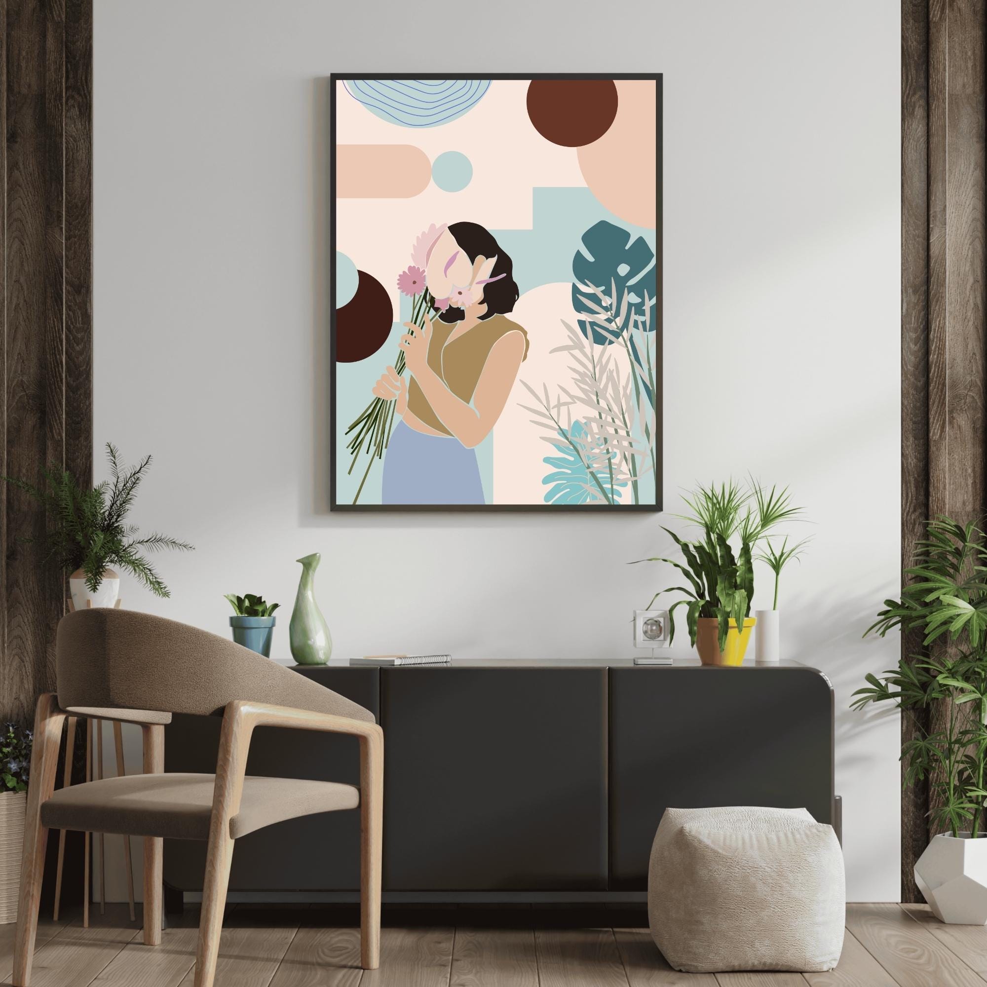 Boho Woman With Floral Wall Art Set Printable Abstract Female Portrait ...