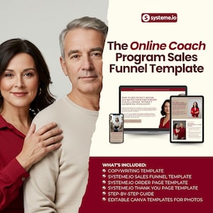 Op de afbeelding: Afbeelding met een stel en digitale apparaten die een sales funnel template tonen. De tekst luidt "The Online Coach Program Sales Funnel Template" en vermeldt items zoals copywriting en order paginatemplates. Het Systeme.io logo is zichtbaar.