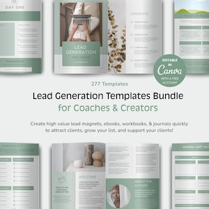Op de afbeelding: Een bundel van 277 leadgeneratie templates voor coaches en creators. De templates bevatten e-books, werkboeken en journals. Het ontwerp heeft een zachtgroen en wit kleurenschema. De templates zijn bewerkbaar in Canva.