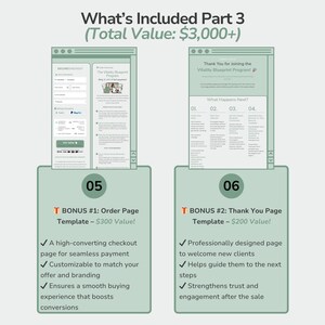 May include: Image of two digital mockups labeled "Order Page Template" and "Thank You Page Template." The order page includes a checkout form. The thank you page welcomes new clients. Both templates are part of the Vitality Blueprint Program.