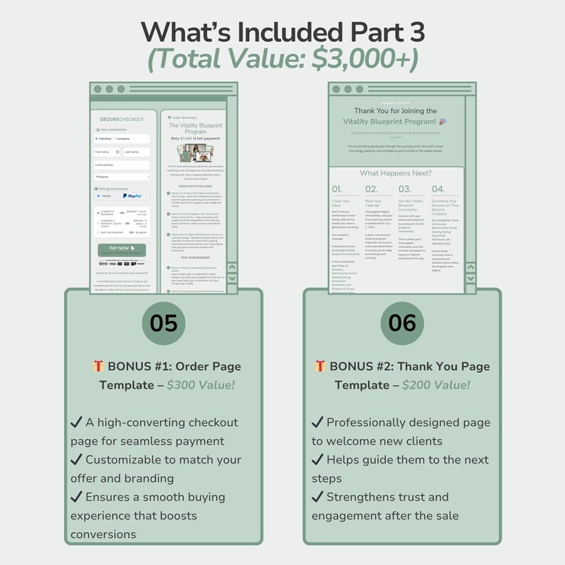 May include: Image of two digital mockups labeled "Order Page Template" and "Thank You Page Template." The order page includes a checkout form. The thank you page welcomes new clients. Both templates are part of the Vitality Blueprint Program.