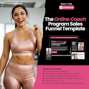 Puede incluir: Una mujer con un atuendo deportivo rosa dorado sonríe, promocionando un programa de coaching en línea. La imagen incluye una plantilla de embudo de ventas, con el texto "The Online Coach Program Sales Funnel Template". El programa promete ayudar a los usuarios a "Break Free From Fitness Frustration and Transform Your Life in Just 12 Weeks."