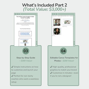 May include: An image with two digital displays. The left display shows a step-by-step guide for customizing a sales funnel template. The right display shows editable Canva templates for photos. Text includes "What's Included Part 2" and "Total Value: $3,000+."