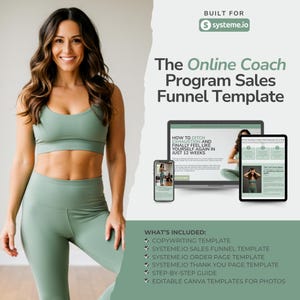May include: A woman in a sage green athletic outfit smiles next to a digital marketing template. The template includes a laptop, tablet, and phone displaying a sales funnel design. Text reads "The Online Coach Program Sales Funnel Template."