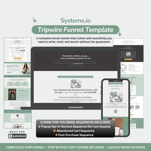 Può includere: Grafica di marketing digitale che promuove un "Tripwire Funnel Template" con laptop, smartphone e screenshot di siti web. L'immagine include testo sulle sequenze di email e un piano di 7 giorni.