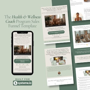May include: A digital marketing sales funnel template for a health and wellness coach program. The template includes a step-by-step framework to help people break free from exhaustion, regain control over their well-being, and build sustainable habits. The template also includes a bonus section with resources such as a recovery guide, healthy eating workbook, stress & mindset mastery guide, and a 12-week coaching session.