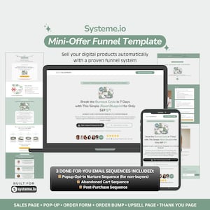 May include: A digital marketing template displayed on a laptop, smartphone, and several page layouts. The template is for selling digital products with a proven funnel system. The text includes "Mini-Offer Funnel Template" and "Break the Burnout Cycle in 7 Days."
