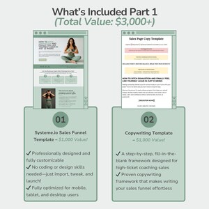 May include: An infographic with the title "What's Included Part 1" and the text "Total Value: $3,000+". It features two digital product templates: a sales funnel template and a copywriting template, each valued at $1,000.